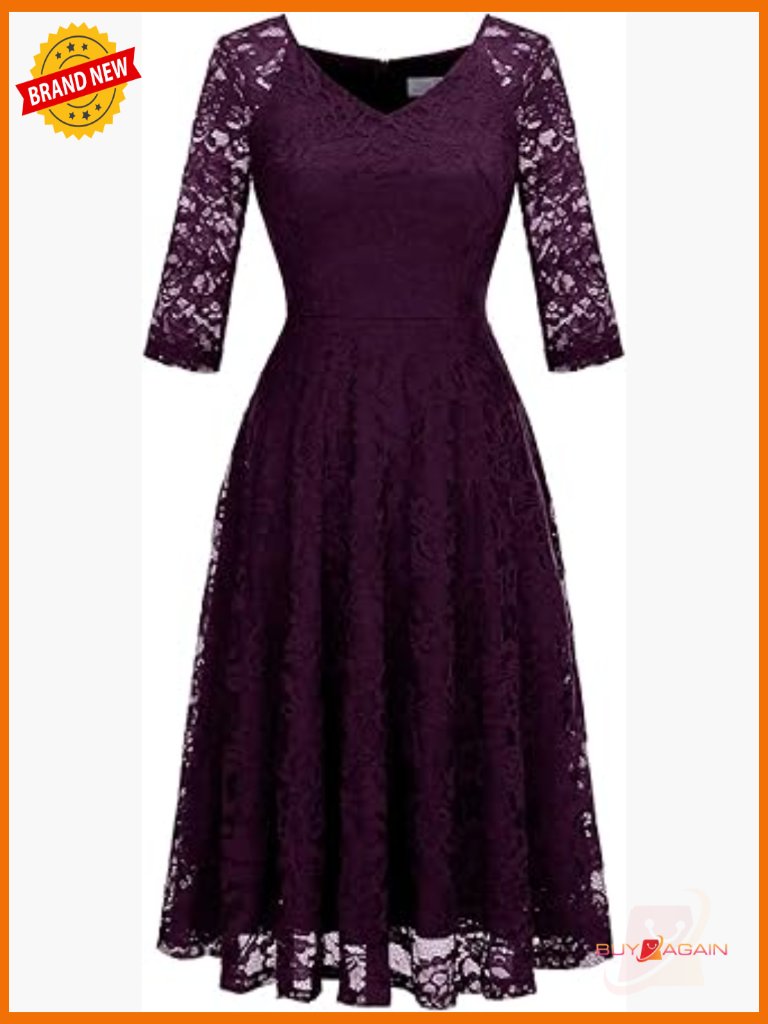 Women's Lace A-Line Midi Dress Long Sleeve With V-Neck Formal Party Guest Gown